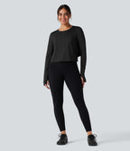 Top de sport yoga col rond manches longues mesh contrastant à découpes liens dans le dos avec trous pouces