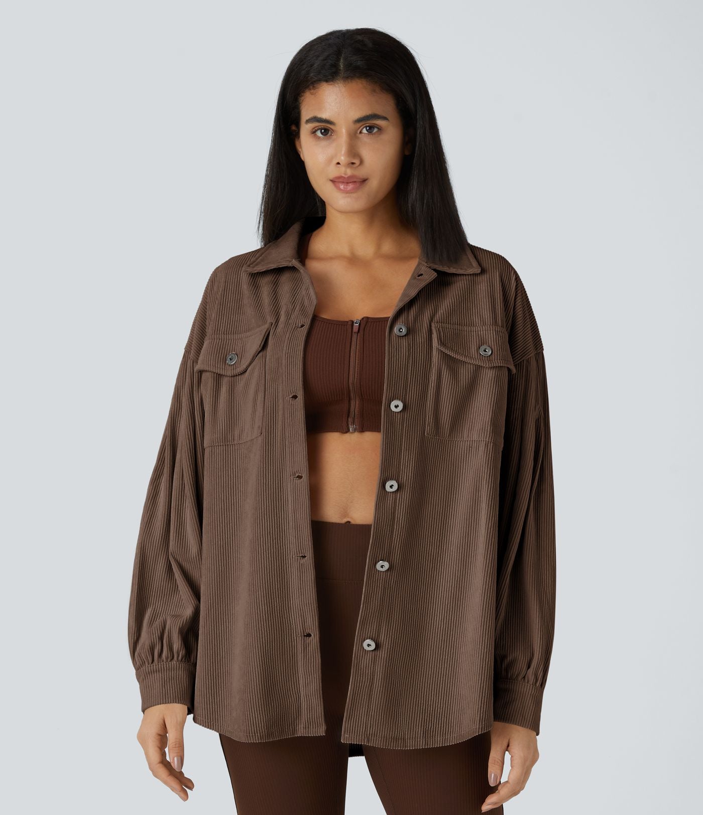 Veste Casual en Velours Côtelé à Col Boutonné Poches et Manches Longues Ourlet Courbé