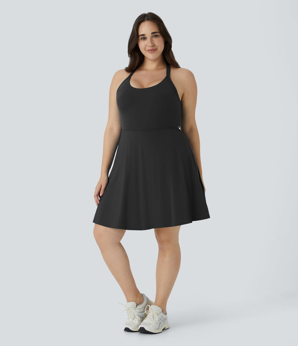Robe Danse Barre Ballet Grande Taille 2 en 1 Col en U Dos Nu avec Découpe Torsadée et Poches Latérales - Plus Longue