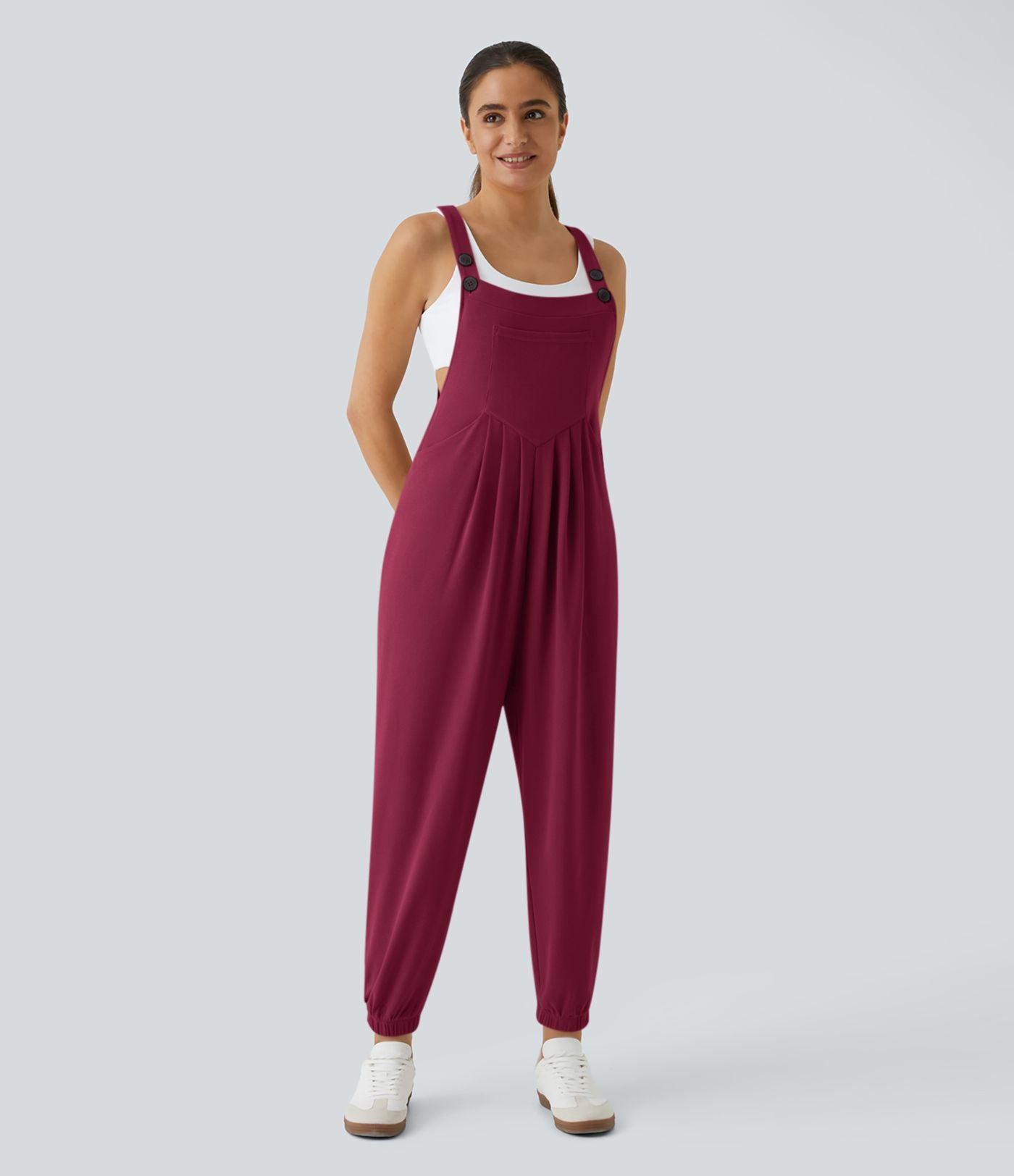 Salopette Casual Bretelles Ajustables Boutonnés Multiples Poches Plis et Tissu Gaufré