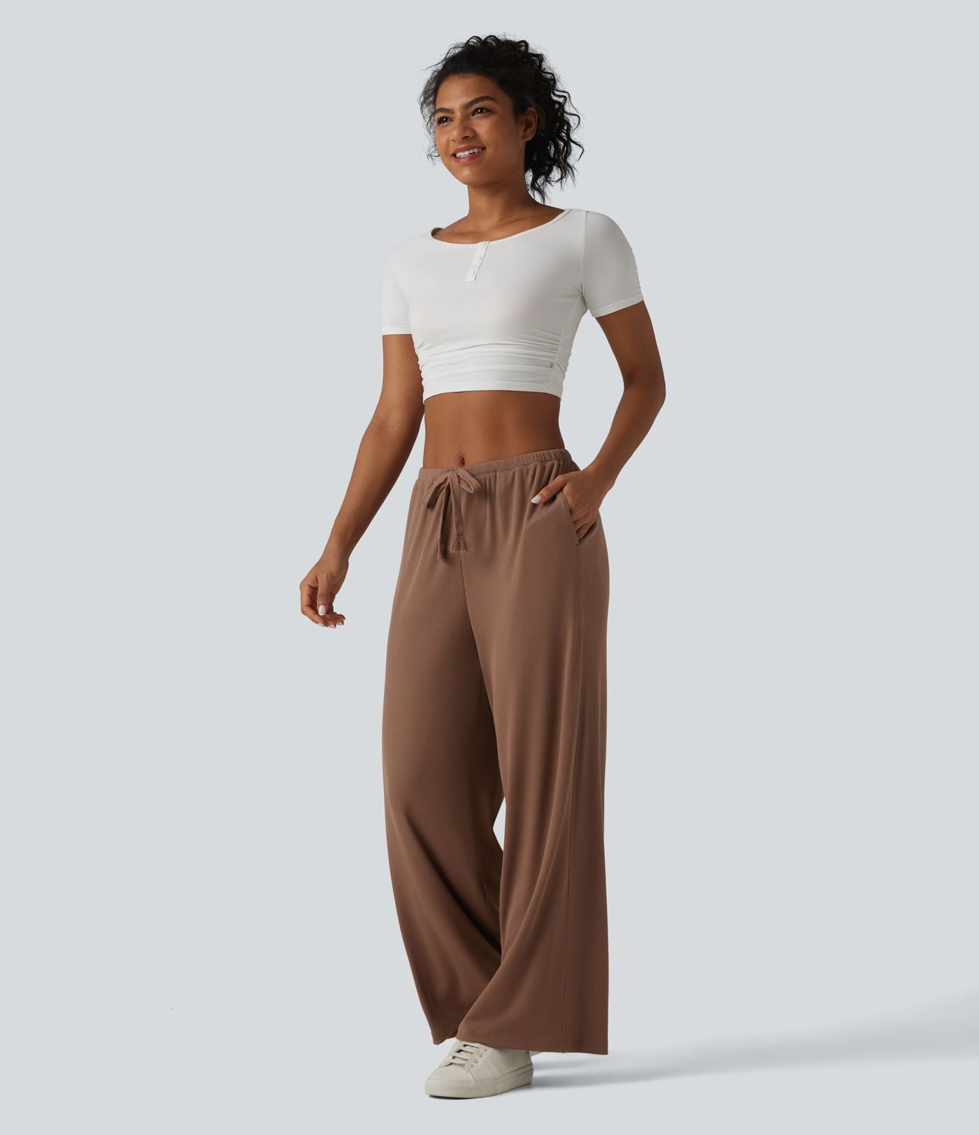 Pantalon large casual en maille côtelée extensible taille mi-haute avec cordon de serrage et poches