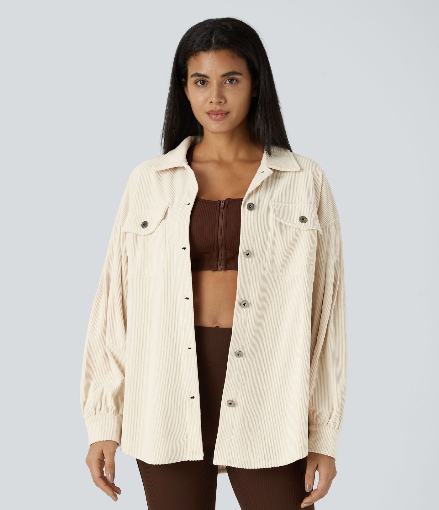 Veste Casual en Velours Côtelé à Col Boutonné Poches et Manches Longues Ourlet Courbé