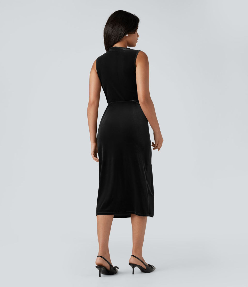 Robe mi-longue moulante velours col drapé sans manches fendue froncée
