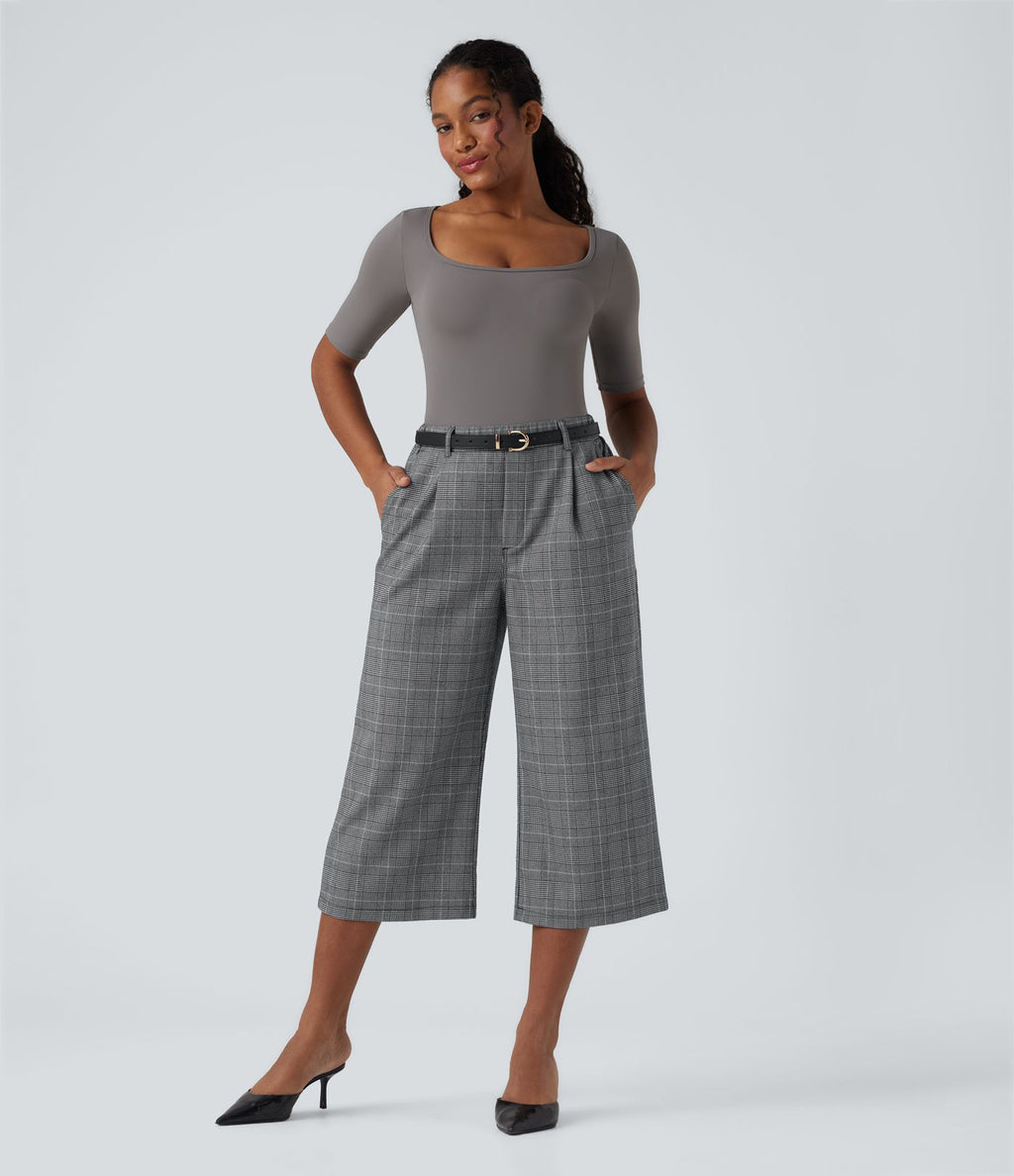 Pantalon de travail Halara Flex™ bootcut à carreaux pied-de-poule, taille haute, avec poches