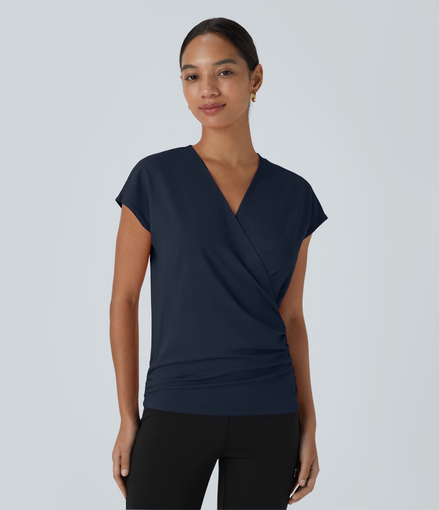 Blouse Travail Unie Froncée Croisée Manches Courtes Col en V