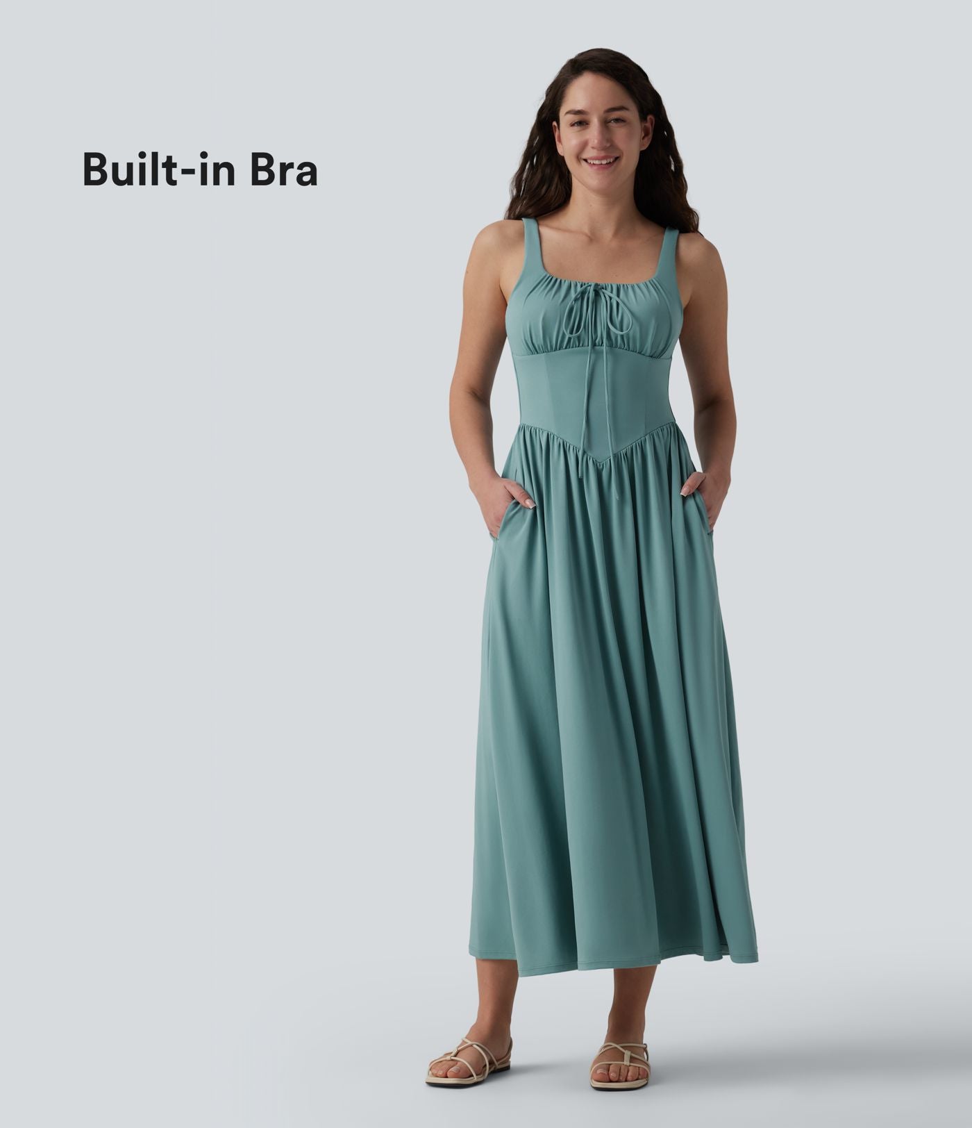 Robe midi fluide casual col carré à corset et nœud devant avec poches