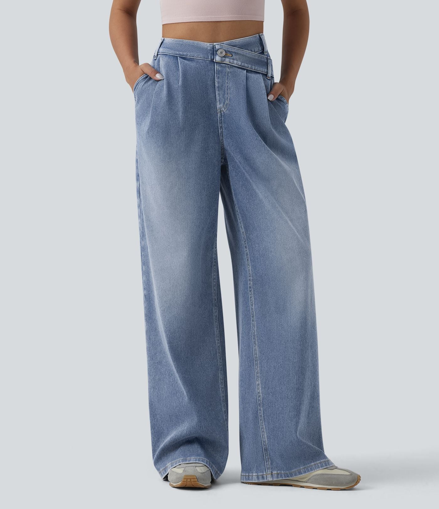 Halara Flex™ Jean large décontracté asymétrique taille haute délavé avec poches