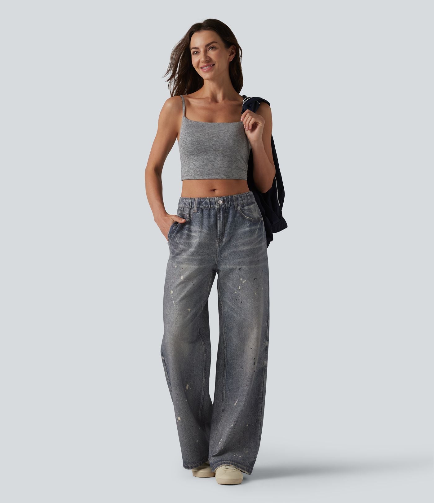 Jogging jean décontracté en molleton French Terry imprimé denim taille mi-haute avec poches