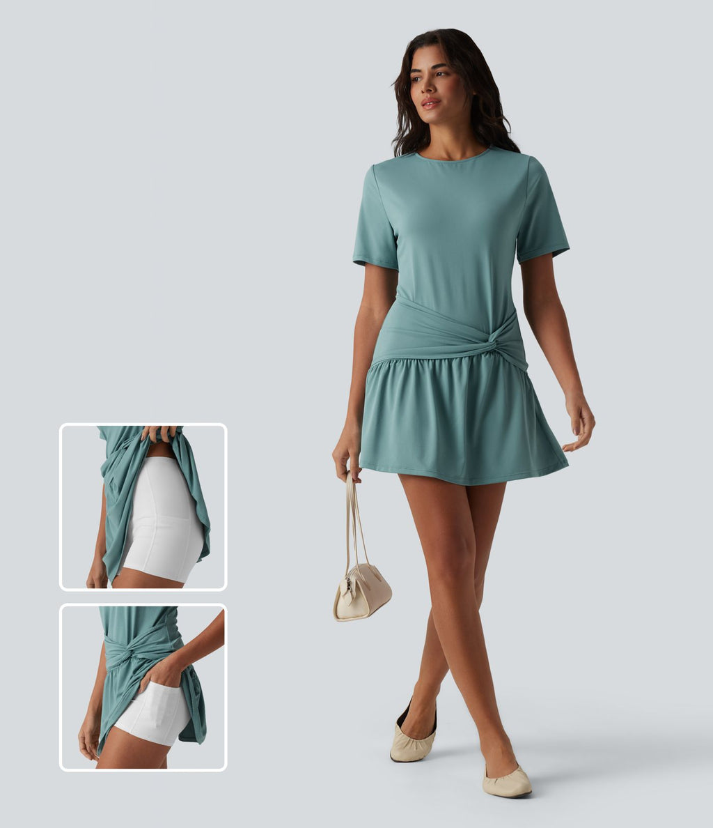 Robe mini casual 2 pièces col rond manches courtes dos goutte d'eau avec poches