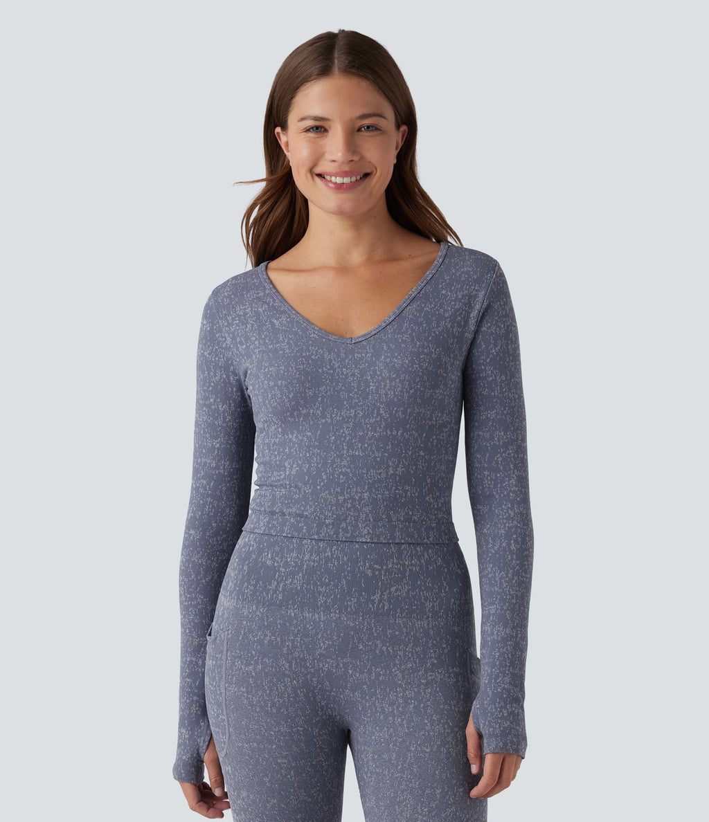 Top de sport yoga court OneForm Seamless Flow col V à manches longues avec passage de pouce