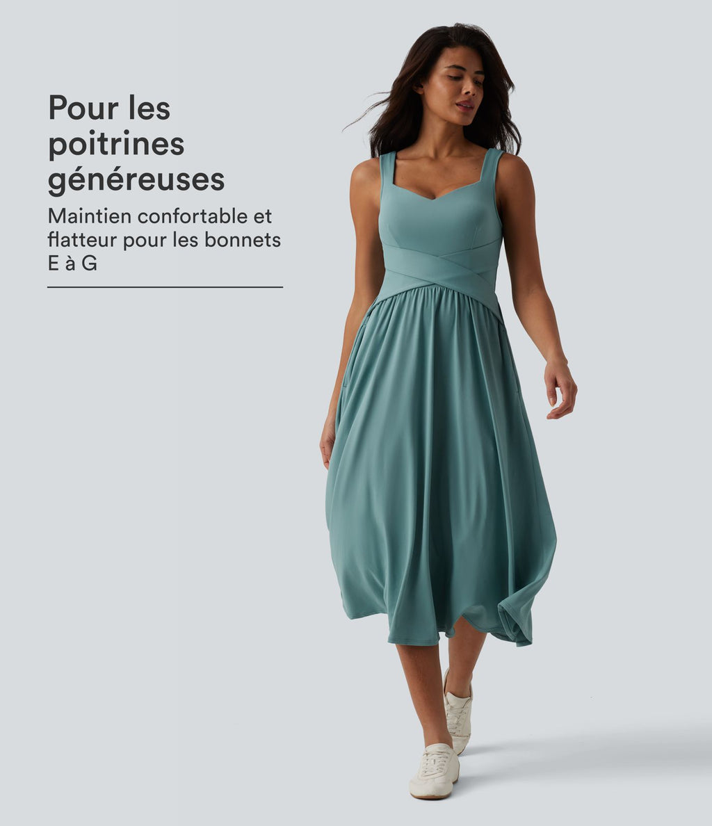 Robe midi fluide sans manches dos croisé, avec brassière intégrée (Bonnets E-G) et poches