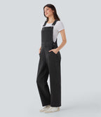 Salopette casual denim Halara Flex™ jambe droite maille extensible avec boutons et multiples poches