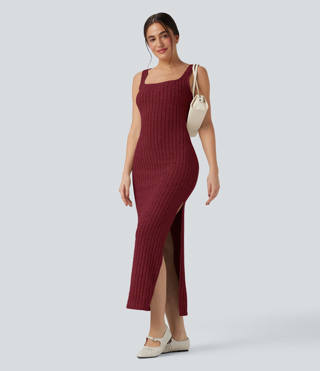 Robe longue moulante décontractée maille côtelée col carré sans manches dos torsadé avec fente