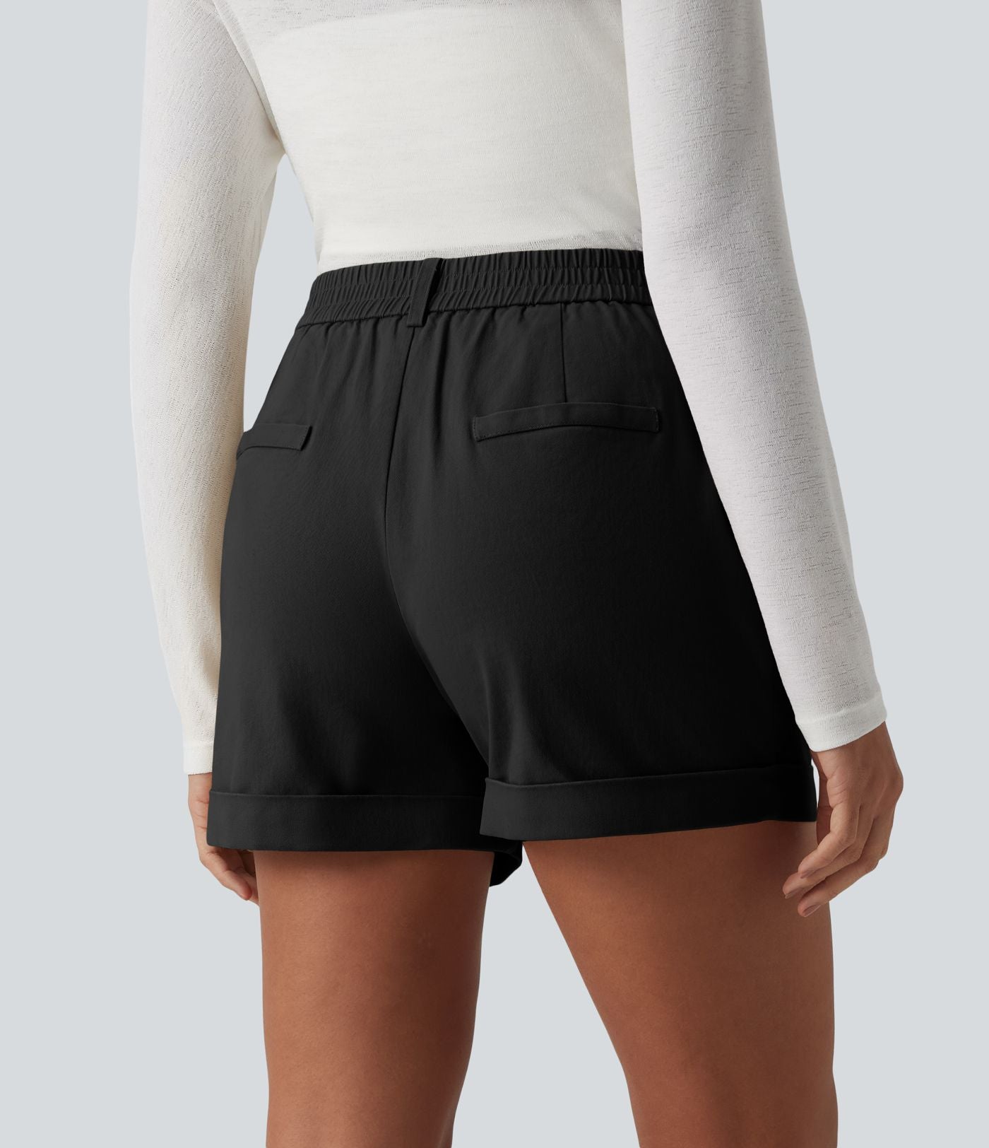 Short chino casual ample coton taille mi-haute à ourlet retroussé avec poches