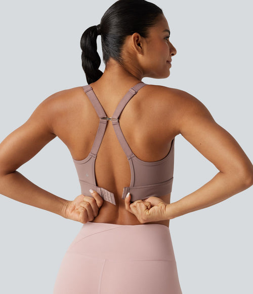 Brassière de sport d'entraînement maintien moyen col U dos nu avec boucle ajustable et [coque moulée 3D]