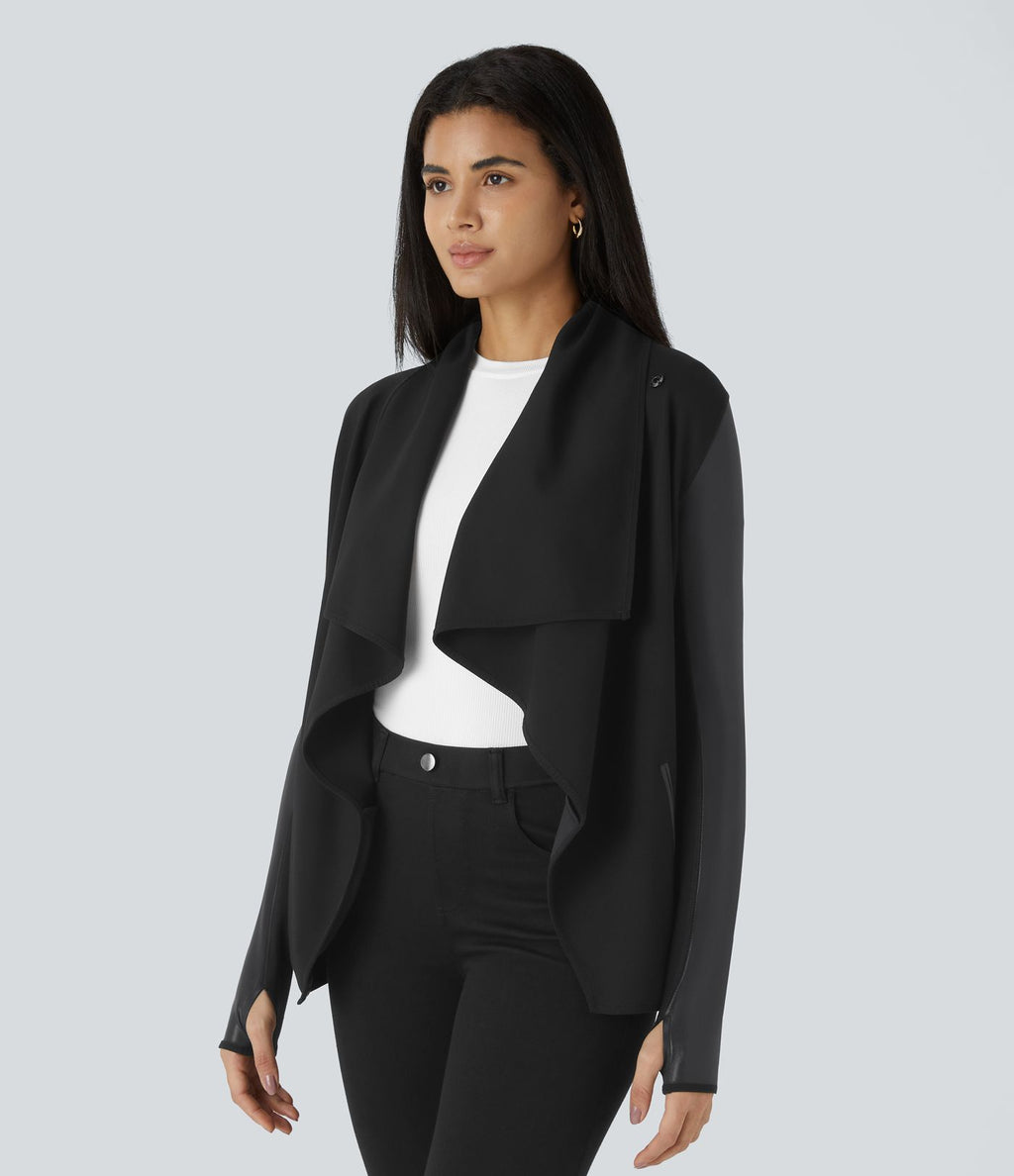 Veste de travail à pans asymétriques, boutons, passants pour pouces, poches latérales et empiècements contrastés