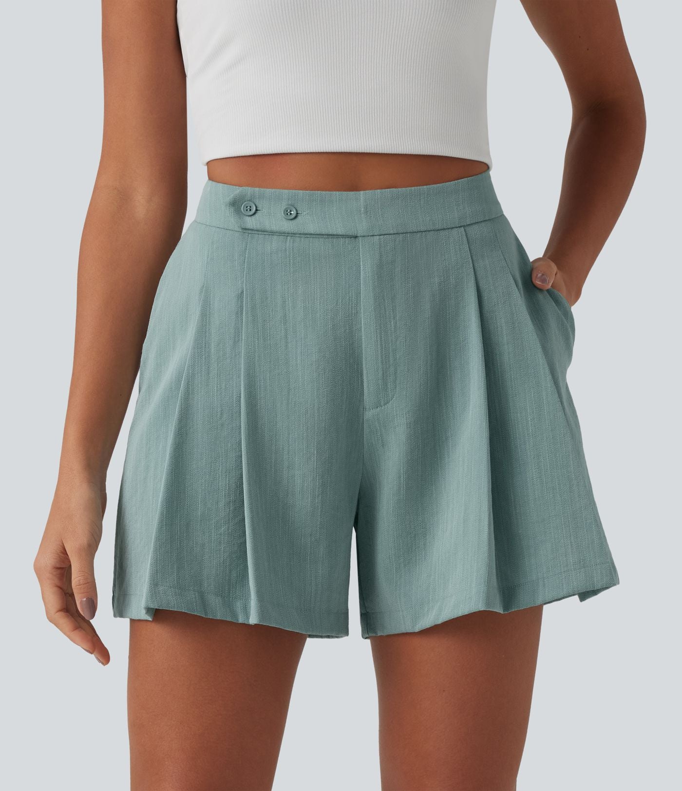 Short tailleur casual aspect lin à plis taille haute 12,5 cm avec poches