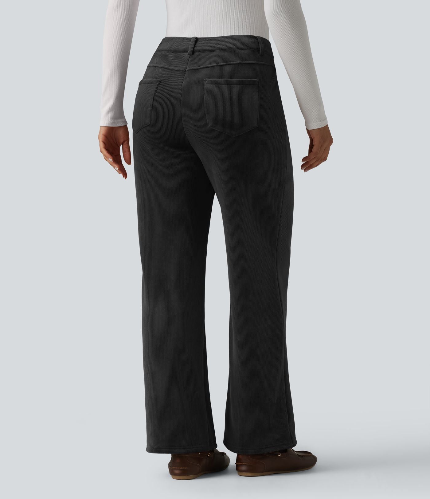 Pantalon droit casual en velours côtelé molletonné taille mi-haute avec poches