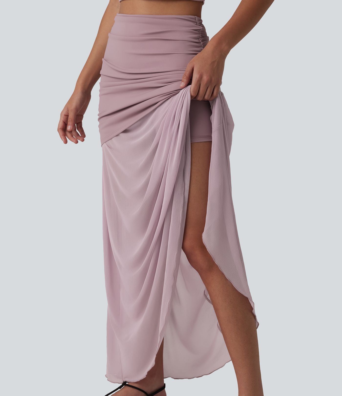 Jupe longue décontractée 2-en-1 taille haute froncée en tulle fluide