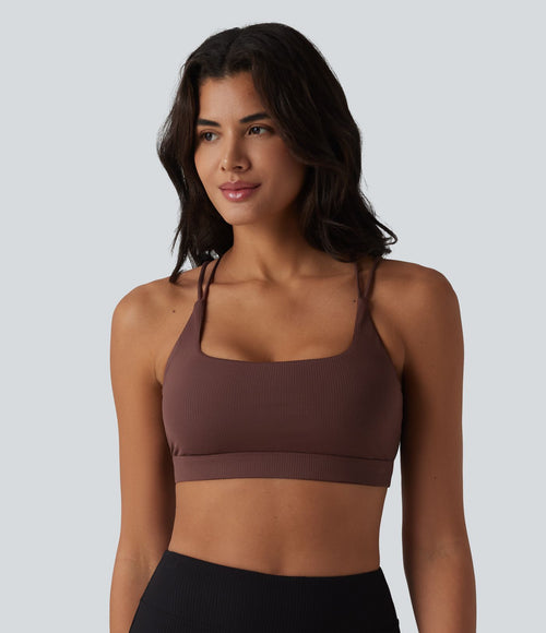 Brassière de sport à encolure carrée en maille côtelée avec soutien-gorge intégré — UPF40+
