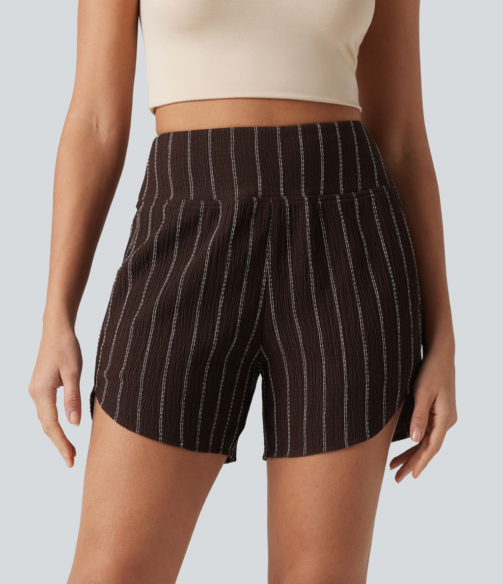 Short casual taille haute ourlet arrondi rayures avec poches