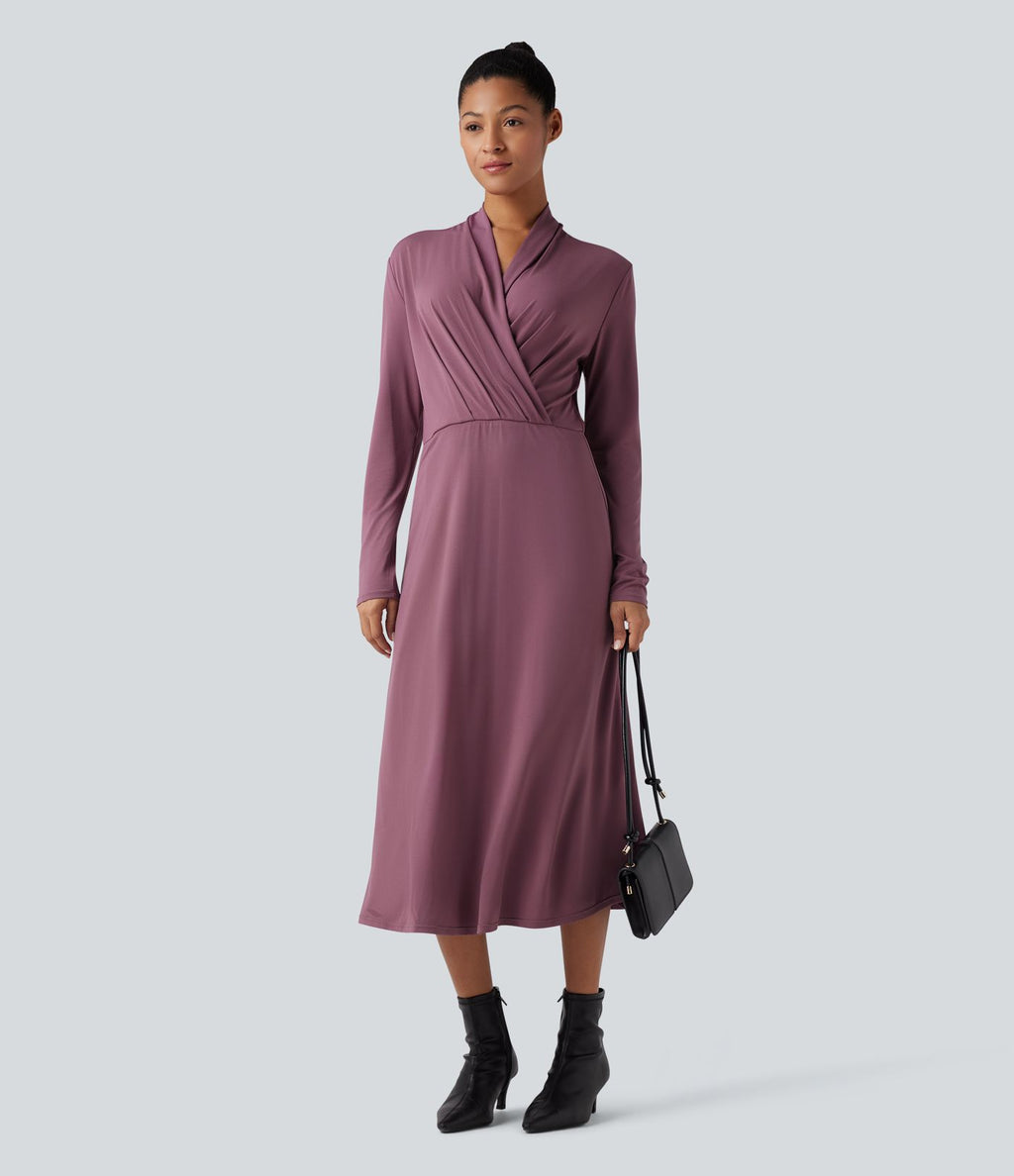 Robe de travail midi col V à manches longues avec poches