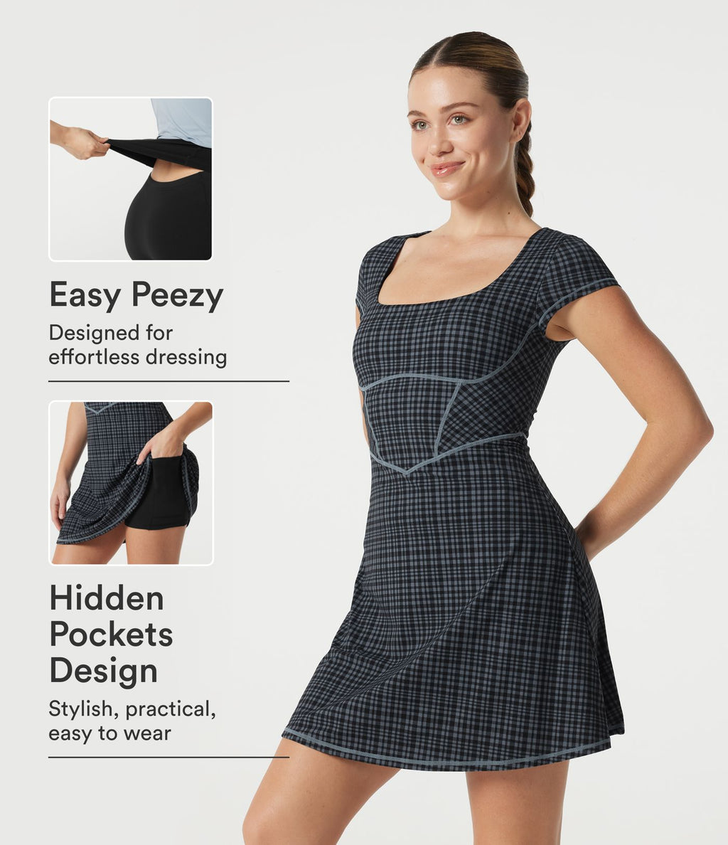 Robe mini décontractée à carreaux Halara UltraSculpt™ avec corset à encolure carrée, brassière intégrée 2-en-1 et poches - Easy Peasy