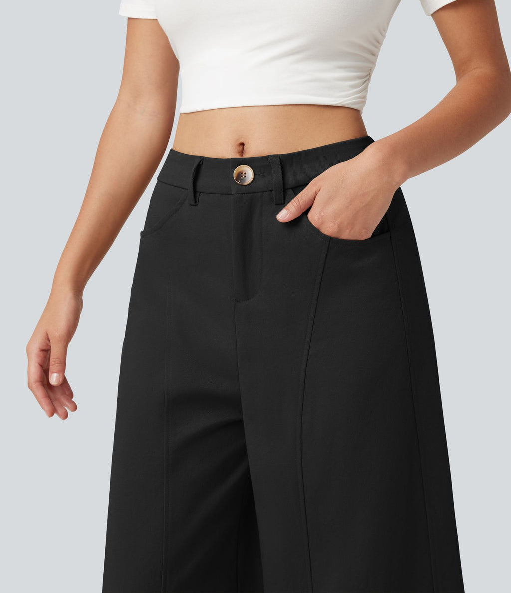 Pantalon casual taille mi-haute coupe barrel avec poches