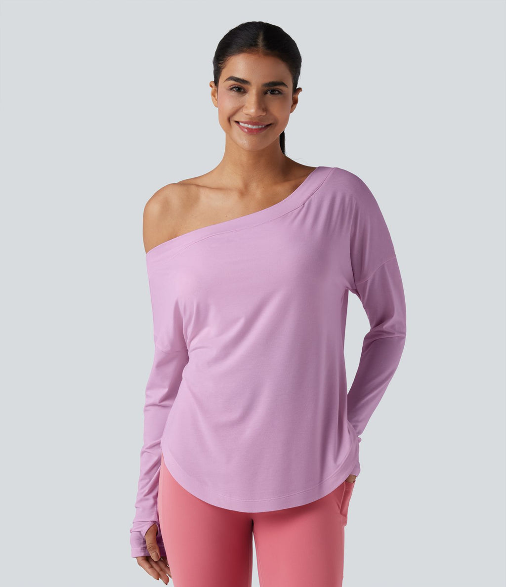 Top de sport yoga une épaule séchage rapide ourlet arrondi asymétrique manches longues avec trous pouces - Brassière intégrée