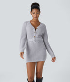 Robe-pull décontractée courte à col V, boutonnage devant, manches longues et ceinture