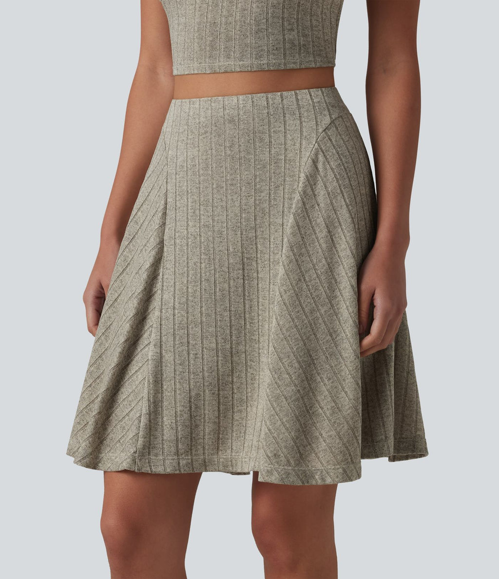 Jupe mini évasée casual 2 en 1 en maille côtelée taille haute avec poches