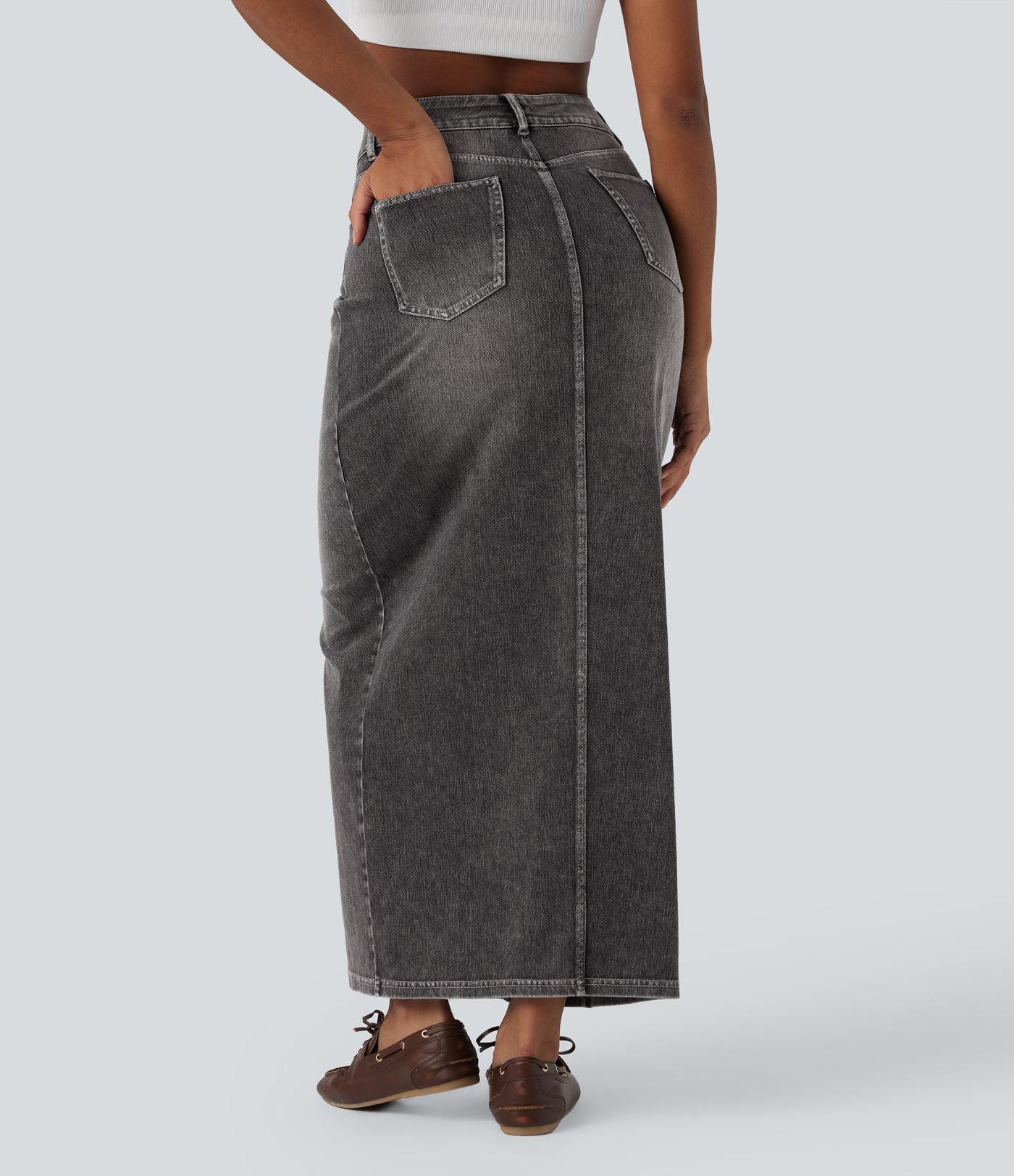 Jupe longue droite en denim délavé Halara Flex™ taille haute avec poches