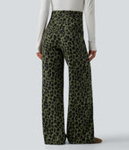 Pantalon large décontracté taille haute gaufré imprimé léopard avec poches