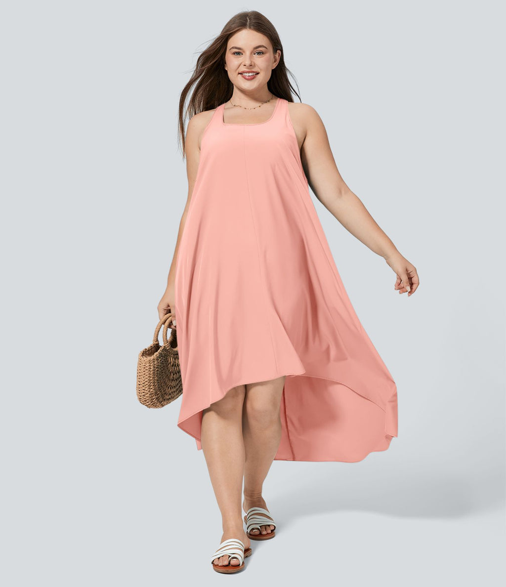 Breezeful™ Dos Nu Racerback Poche Latérale Haut Bas Fluide Midi Séchage Rapide Décontracté Robe Grande Taille