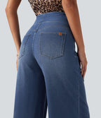 Halara Flex™ Jean large casual taille haute ventre plat, en lyocell drapé effet délavé, avec poches
