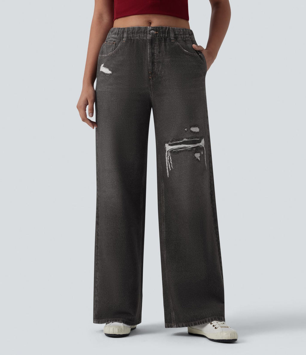 Jogging jean décontracté en molleton French Terry imprimé denim taille mi-haute avec poches