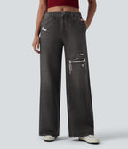 Jogging jean décontracté en molleton French Terry imprimé denim taille mi-haute avec poches