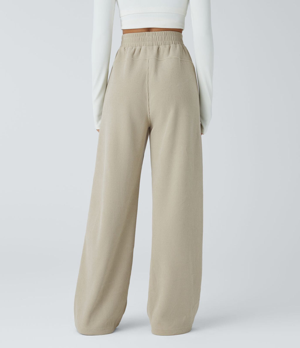 Pantalon velours côtelé de jogging décontracté à taille haute avec poches latérales