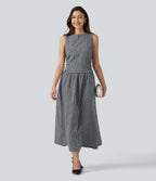 Robe midi décontractée à carreaux vichy, col bateau, sans manches, avec poches