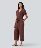 Combinaison courte ample col V manches courtes avec ceinture et poches
