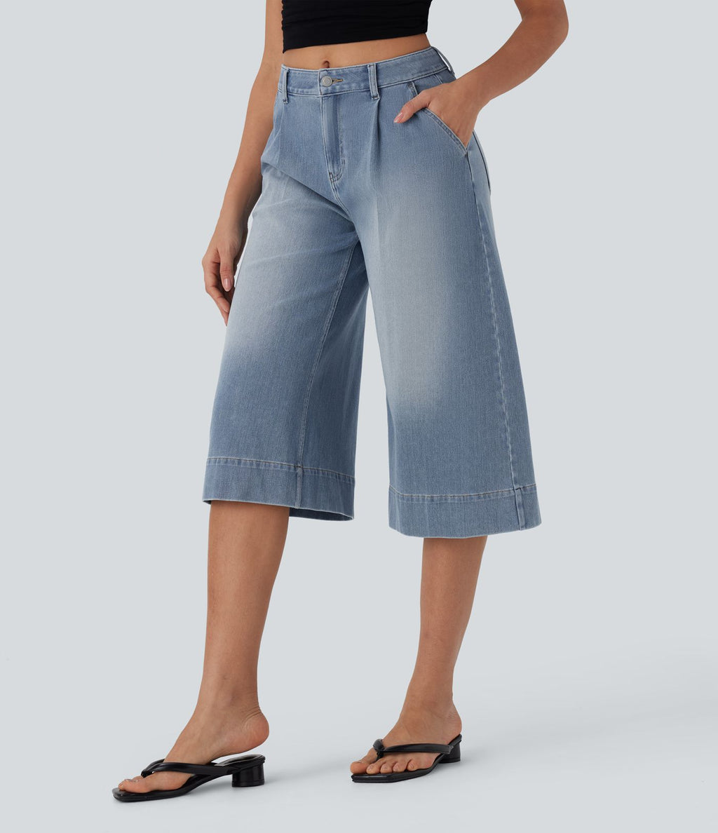 Jean décontracté capri large fluide taille mi-haute Halara Flex™ effet délavé avec poches