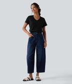 T-shirt casual ample col V manches courtes en coton slub