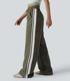 Pantalon ample décontracté taille mi-haute avec cordon de serrage color block rayures léopard contrastant avec poches