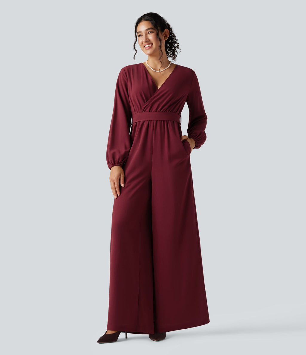 Combinaison pantalon de soirée large à décolleté en V, manches longues bouffantes, ceinture et poches
