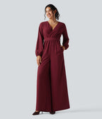 Combinaison pantalon de soirée large à décolleté en V, manches longues bouffantes, ceinture et poches