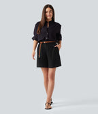 Short casual en mélange de lin taille haute 15 cm avec poches