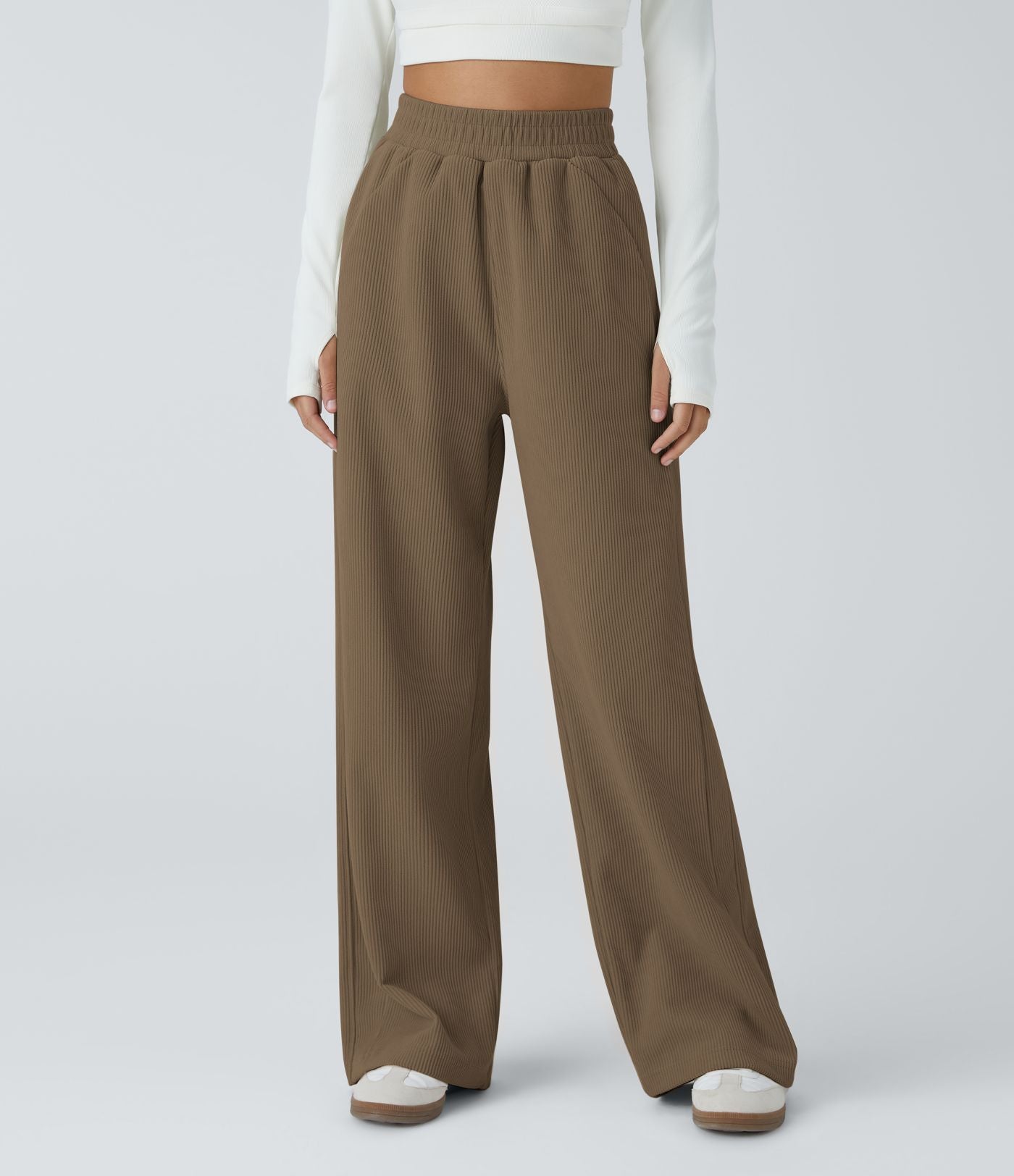 Pantalon velours côtelé de jogging décontracté à taille haute avec poches latérales