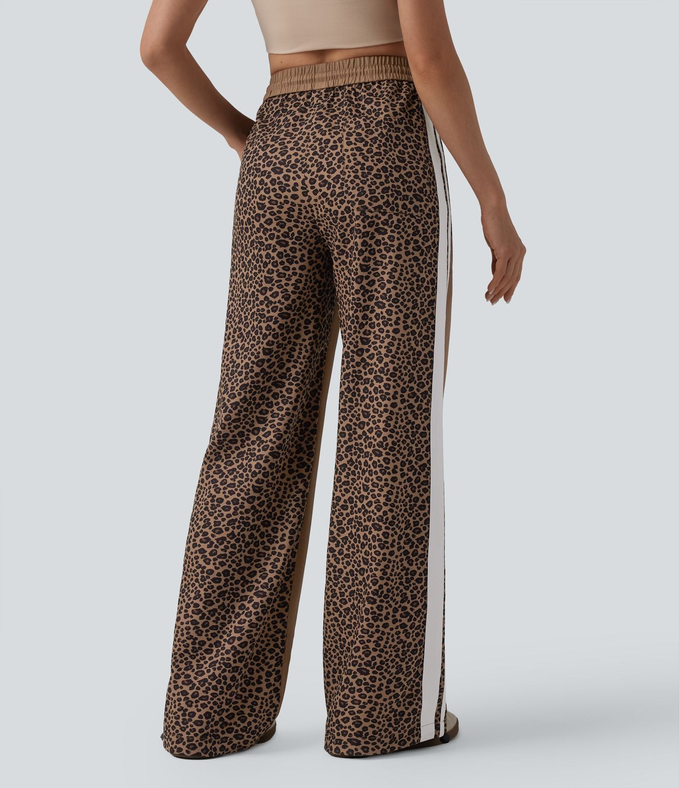 Pantalon ample décontracté taille mi-haute avec cordon de serrage color block rayures léopard contrastant avec poches