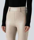 Pantalon polaire simili cuir extensible taille haute avec poches