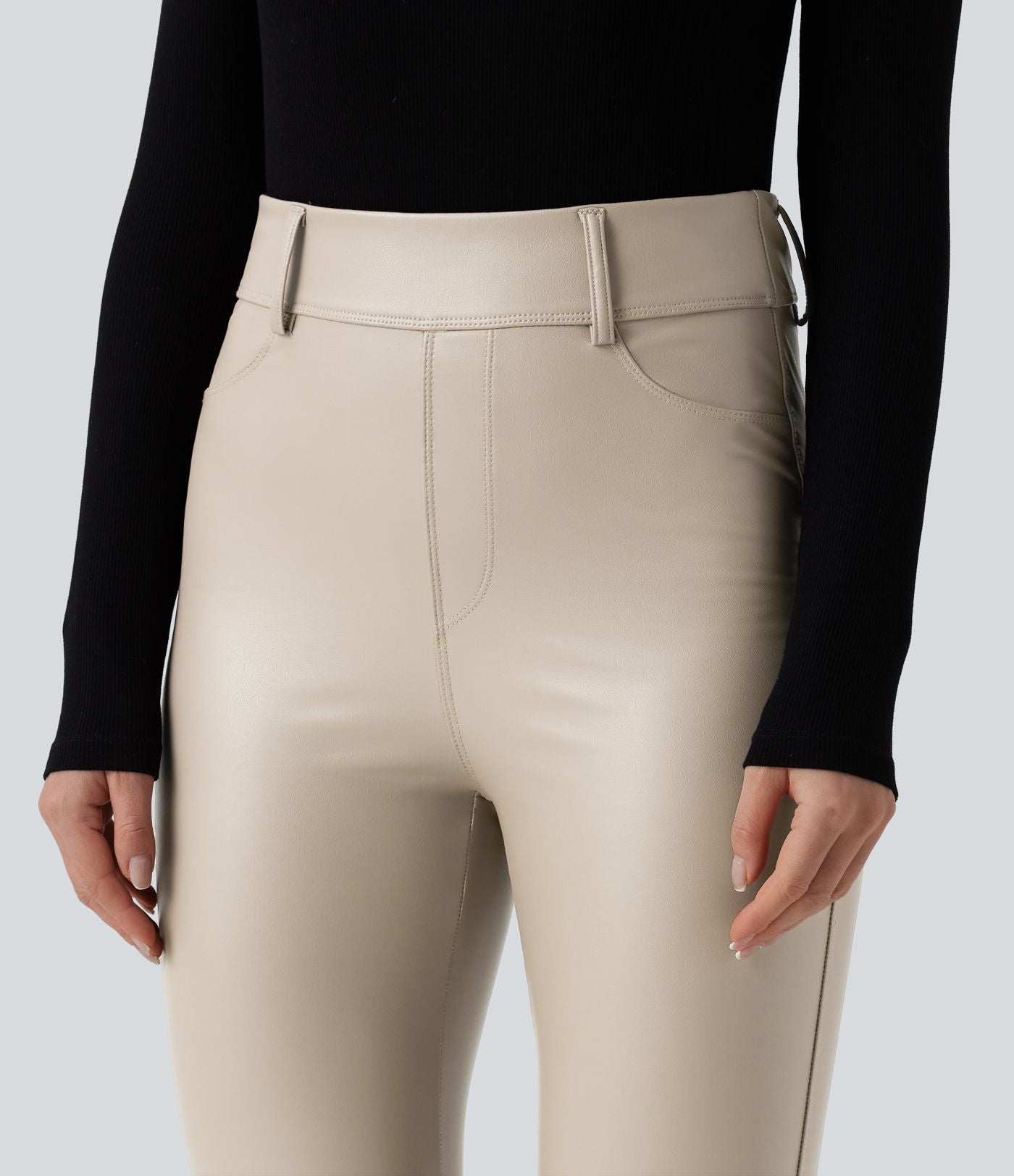 Pantalon polaire simili cuir extensible taille haute avec poches
